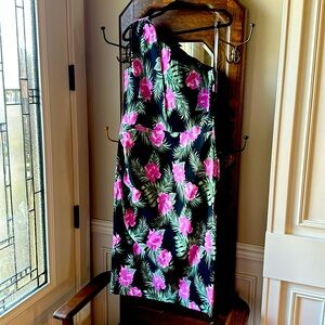 PUG Pinup girl Couture one shoulder dress in Hawaiian Hibiscus pattern.